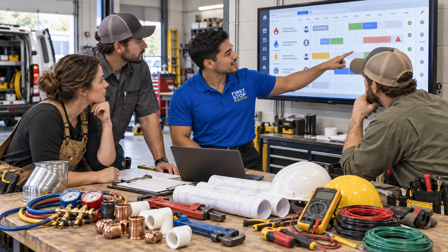 A First Stop consultant pointing at a dispatch and scheduling board on a wall screen while three technicians listen at a trades shop bench, fittings and gauges on the bench, a service van in the bay behind