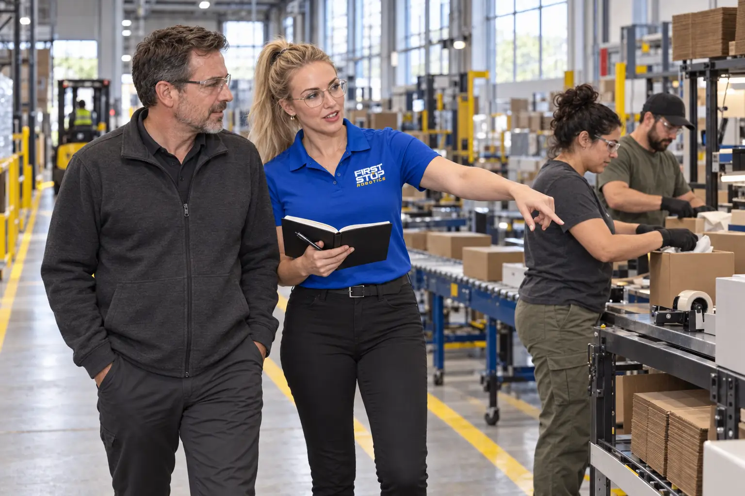 A First Stop consultant walking a pack line with a plant manager, notebook open, pointing out a station where two associates pack cases at the conveyor