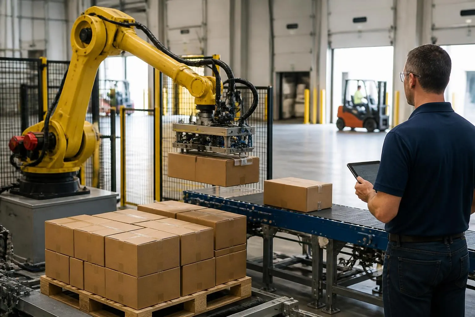 A mixed-case depalletizing cell at a receiving dock, a robot lifting a case from a pallet onto a conveyor, forklifts in the background and a supervisor watching with a tablet