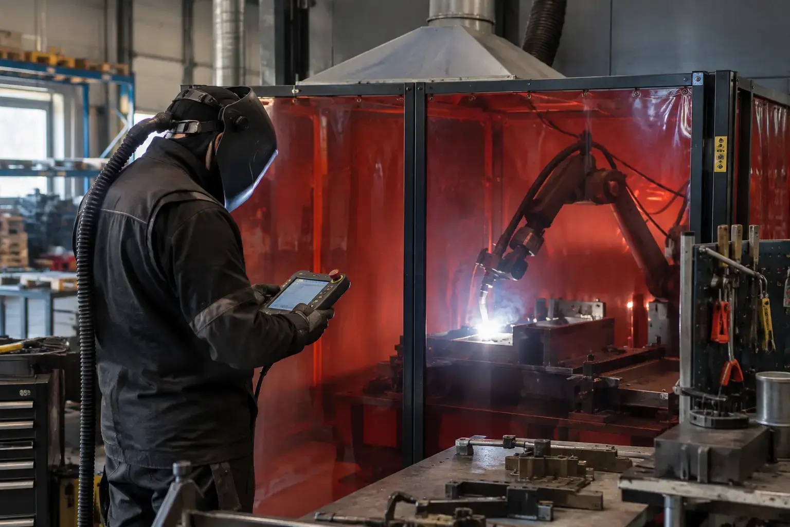 A cobot welding cell with a screen up, arc glow visible through the screen, a welder in a helmet pushed up programming on the pendant
