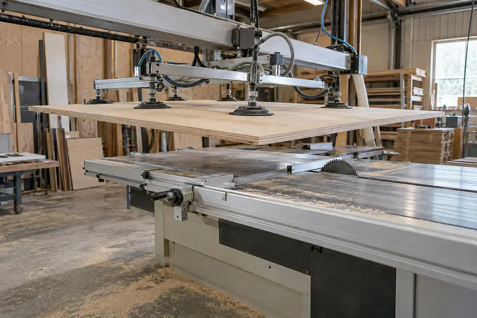 A vacuum gantry lifting a full sheet of plywood onto a saw table in a dusty panel plant